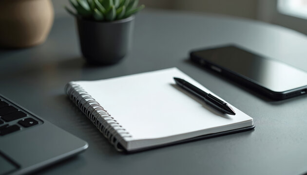 White spiral notebook with blank pages open on table. Black pen rests on page. Modern cell phone and laptop nearby. Suggests planning, work, or creative session. Minimalist setup for note taking.