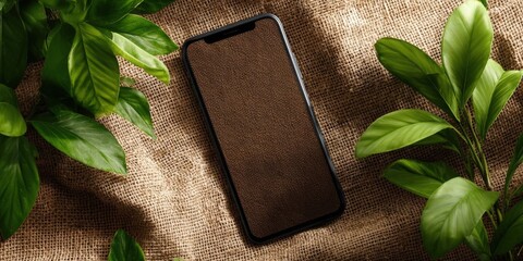 Brown Phone Mockup with Fresh Green Leaves on Rustic Burlap Fabric