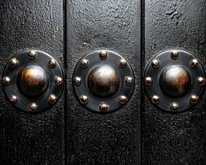 Dark wooden panels with ornate metal studs