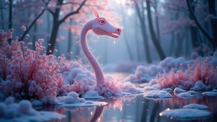 Pink Loch Ness Monster in a dreamy cherry blossom forest, Scotland