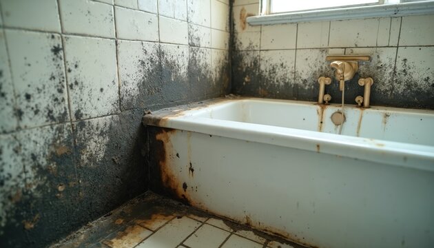 Severe black mold, mildew infest bathroom walls, bathtub surround after water damage from flooding. Stains indicate extensive contamination, requiring pro mold remediation, restoration services for