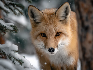 red fox in forest at winter
