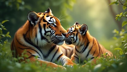 Obraz premium Tiger mother, cub share tender moment in rich green forest grass. Closeup portrait of large wild cats displaying affection, family bond. Adorable baby animal, endangered species, conservation theme.