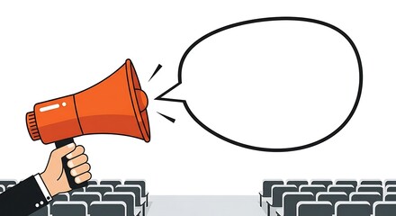 Hand Holding Orange Megaphone with Blank Speech Bubble Addressing Empty Audience