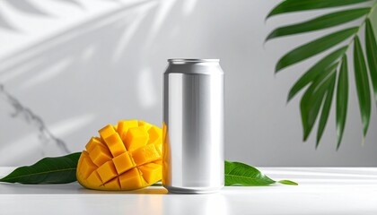 Silver can with water droplets beside ripe mangoes and green leaves—clean tropical setup on white surface.