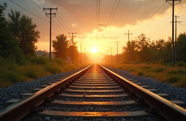 Fototapeta premium Railway tracks extend towards vibrant sunset, offering minimalist perspective on travel, journey. Empty tracks symbolize direction, decision, future of technology, transportation, set against