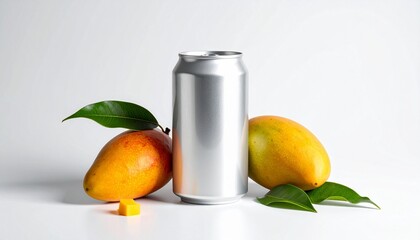 Silver can with water droplets beside ripe mangoes and green leaves—clean tropical setup on white surface.
