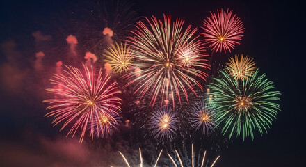 Fototapeta premium Colorful firework bursts illuminate night sky, creating a vibrant and festive display, symbolizing celebration, joy, and spectacle