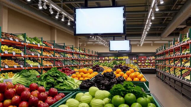 A supermarket produce section with neatly arranged fruits and vegetables, including apples, oranges, lettuce, and other fresh produce under bright lights and display screens  
