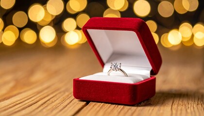 Diamond engagement ring in red velvet box—romantic glow with warm bokeh lights on wooden surface.