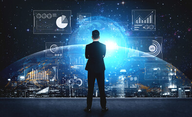 Real-time global data analytics dashboard visualizing insights from interconnected systems for...