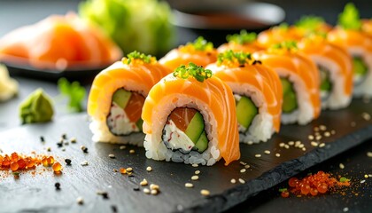 Fresh salmon sushi rolls on dark slate