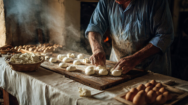 The art and process of crafting handmade mozzarella in the heart of Italy at midday - Powered by Adobe