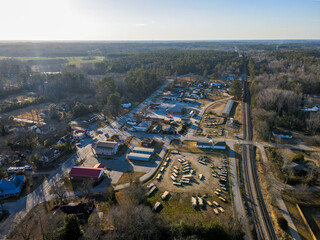 Aerial landscape rural Dearing in winter after Hurricane Helene in McDuffie Augusta Georgia