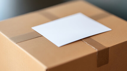 A cardboard box is sealed with tape and has a blank white label on top. Ideal for shipping and delivery needs. Customizable and ready to go.