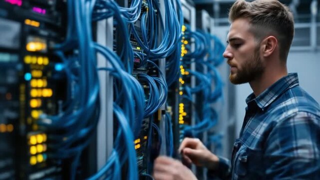 Technician working with server cables - Powered by Adobe