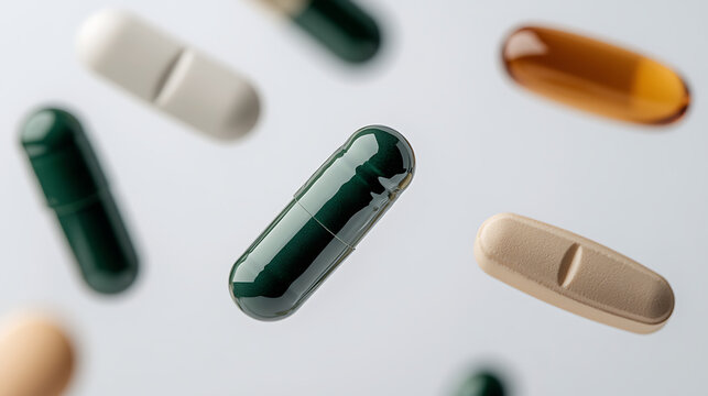 An assortment of capsules and tablets float against a light gray background. The medications include softgels and coated caplets of varying colors and shapes.
