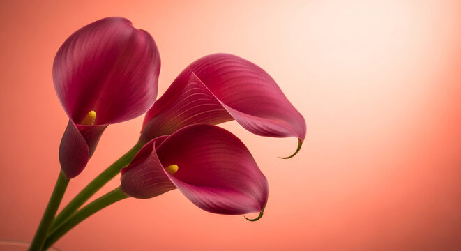 Three dark pink calla lilies against a peach background, showcasing elegance and simplicity, ideal for floral design or romantic concepts - Powered by Adobe