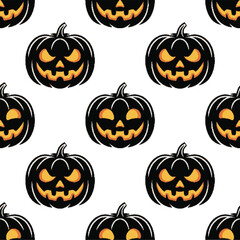 Seamless Halloween Pumpkin Pattern Vector with Jack O’ Lantern Faces