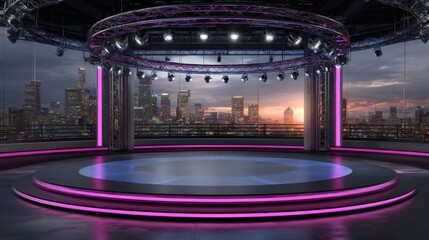 Empty glossy rooftop stage with neon lights and city skyline at sunset. Perfect for product display, mockups, ads, events, or futuristic scenes with cinematic urban style.