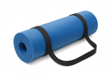 Blue yoga mat tightly rolled, fastened with black strap, standing prepared for workout on clean transparent backdrop
