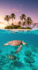 Fototapeta premium Exotic view of Mafia Island with a palm tree and crystal-clear ocean, featuring a sea turtle gliding beneath the surface.