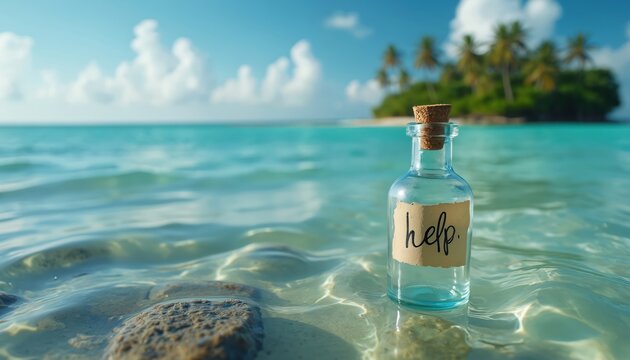 Message in bottle washed ashore on deserted island beach. Glass bottle with cork stopper holds paper note inscribed help. Turquoise ocean water laps at sand. Tropical island in distance signals