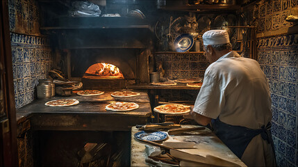  A traditional Italian kitchen churning out fresh pizzas throughout the midday rush 