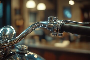 Close-up of a polished chrome motorcycle handlebar with controls, reflecting light in a workshop.