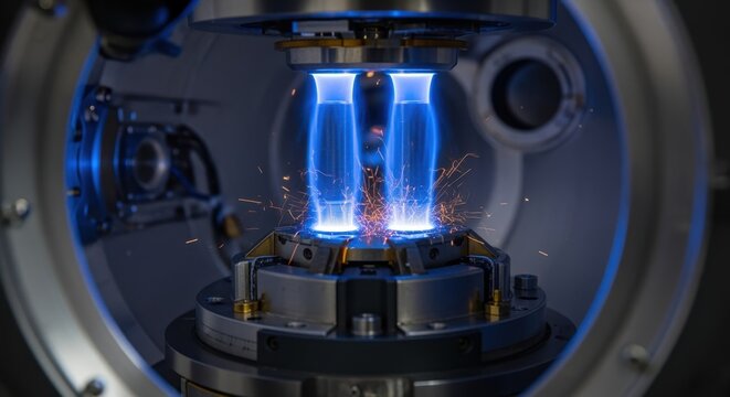 Highresolution detail of ion thruster electrode assembly firing within a simulated space vacuum chamber highlighting propulsion design.