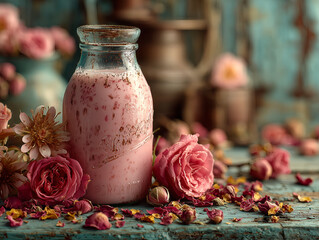 rose milk in glass bottle