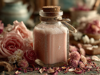 rose milk in glass bottle