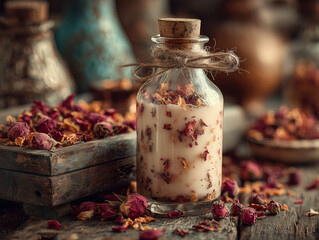 rose milk in glass bottle