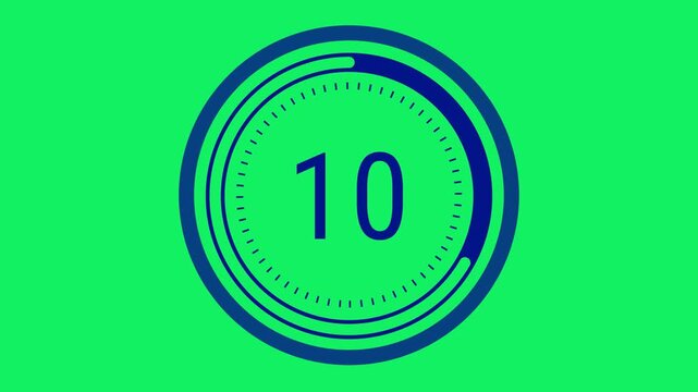 15-second sleek navy countdown with a rotating dashed inner ring, a pulsating outer circle, and a decreasing time gauge on a green screen. 4K Motion Graphics.