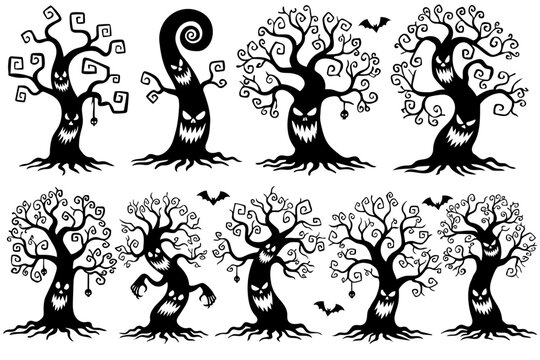 Vector set of silhouettes of devil tree concept. Happy Halloween. For Halloween holiday decoration.