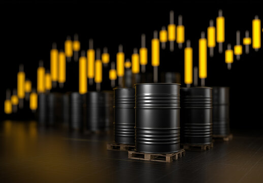 Oil barrels positioned in a warehouse with stock market graphs in the background showing price trends Generative AI