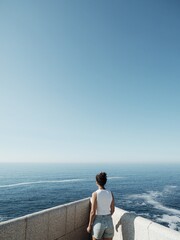 A girl on a stone balcony high up on the cliff with the sea and sky in the background. 