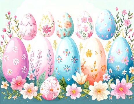 Pastel Easter eggs and flowers - Powered by Adobe