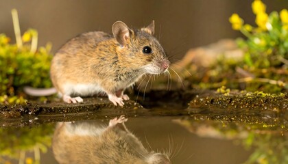 Mouse reflecting in puddle