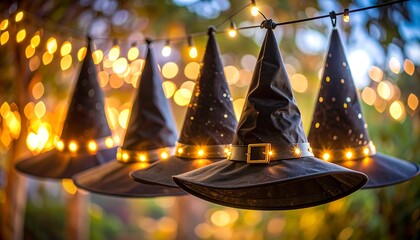 Halloween witch hats strung with lights