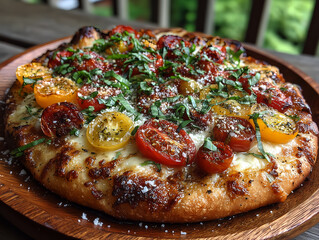 rustic sourdough pizza with heirloom tomatoes