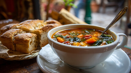  Savoring a hearty ribolitta soup and warm focaccia bread in a cozy Florentine eatery at midday 