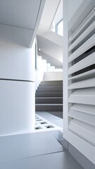 Modern, minimalist interior. Light-filled, airy space with geometric forms, stairs, and louvered vents