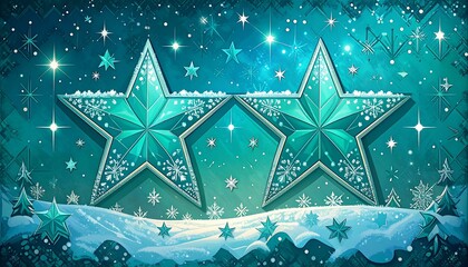 Two teal stars, sparkling with snowflakes, on a teal and midnight blue background, with snowy landscape