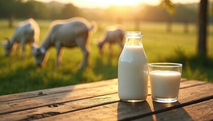 Fresh goat milk in bottle and glass sits on wooden table. Goats graze in green meadow background at sunrise. Natural farm product, healthy dairy, calcium source, breakfast essential. Rural lifestyle.