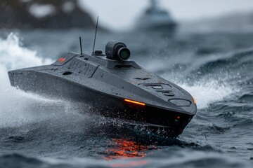 Futuristic autonomous drone boat with surveillance camera speeding through rough sea