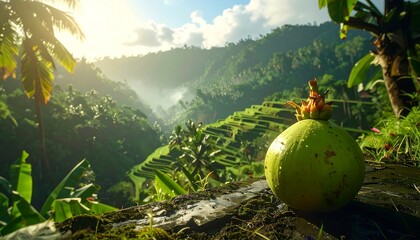 Lush landscape with a green fruit