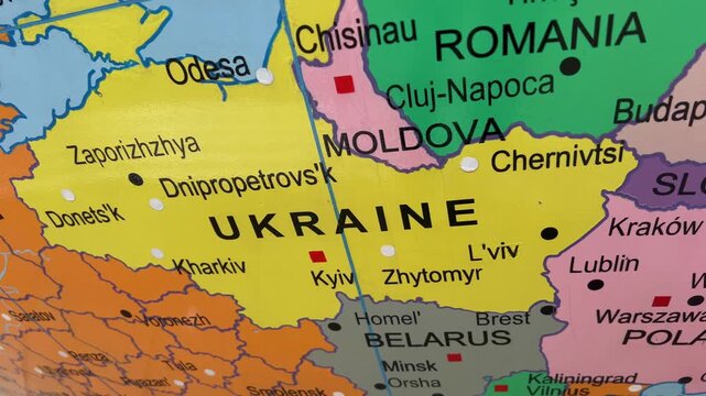 Ukraine on the world map with visible borders with Europe and Russia. Concept of international boundaries and geopolitical geography