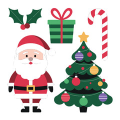 Santa Claus and Christmas Tree Vector Set with Gifts, Ornaments and Holiday Festive Elements