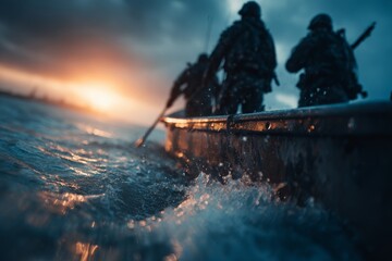 Soldiers in a tactical boat navigating choppy waters at a dramatic sunset.